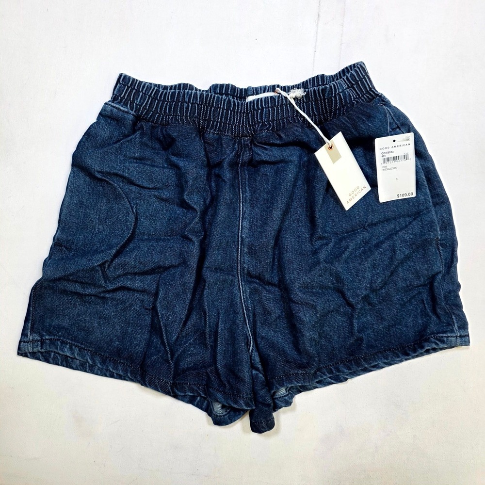 Good American Denim Shorts Womens 3 Indigo Elastic Waist High Rise GDTS033 New